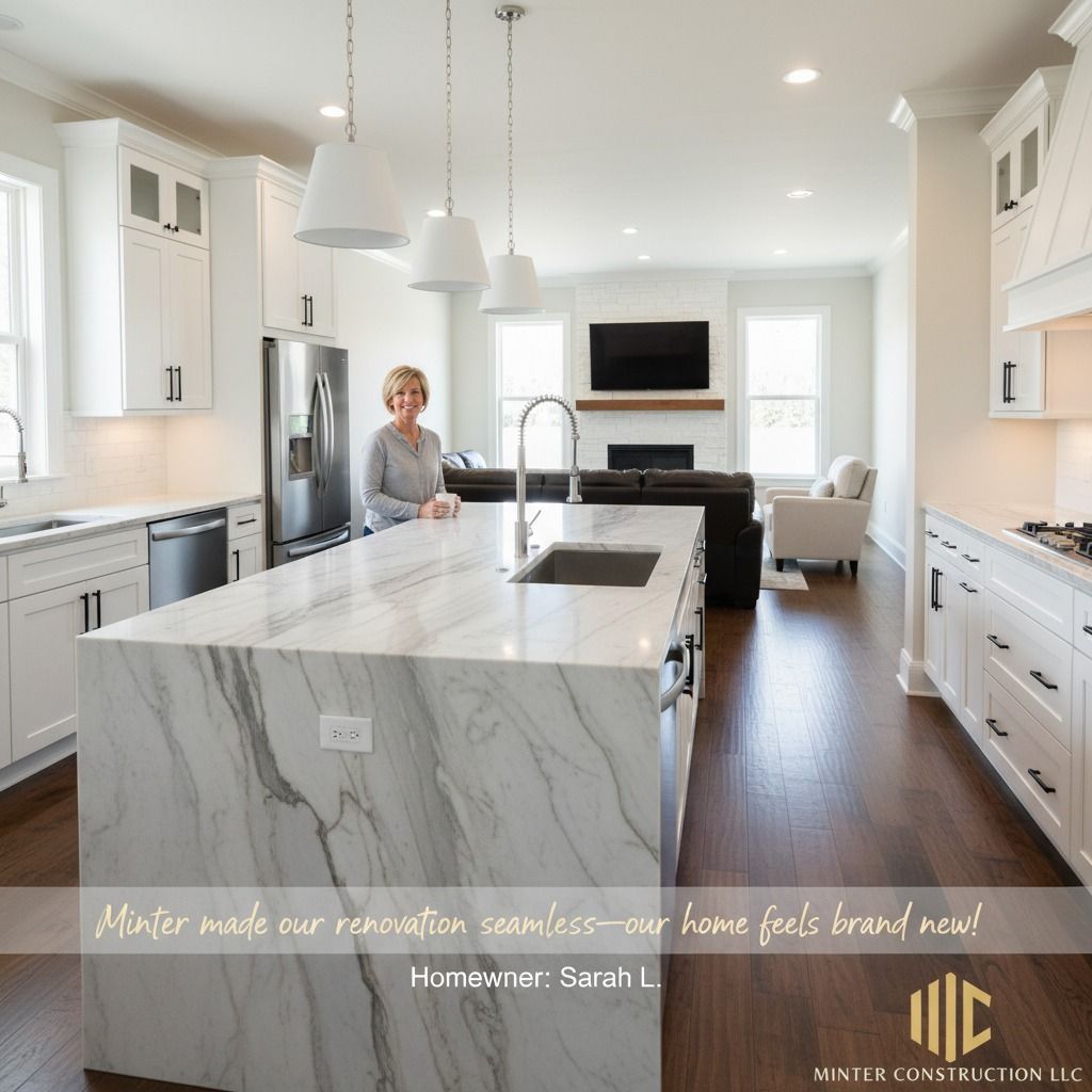 Bright modern kitchen with white cabinets, marble island, and stainless-steel appliances; a person stands by the island.