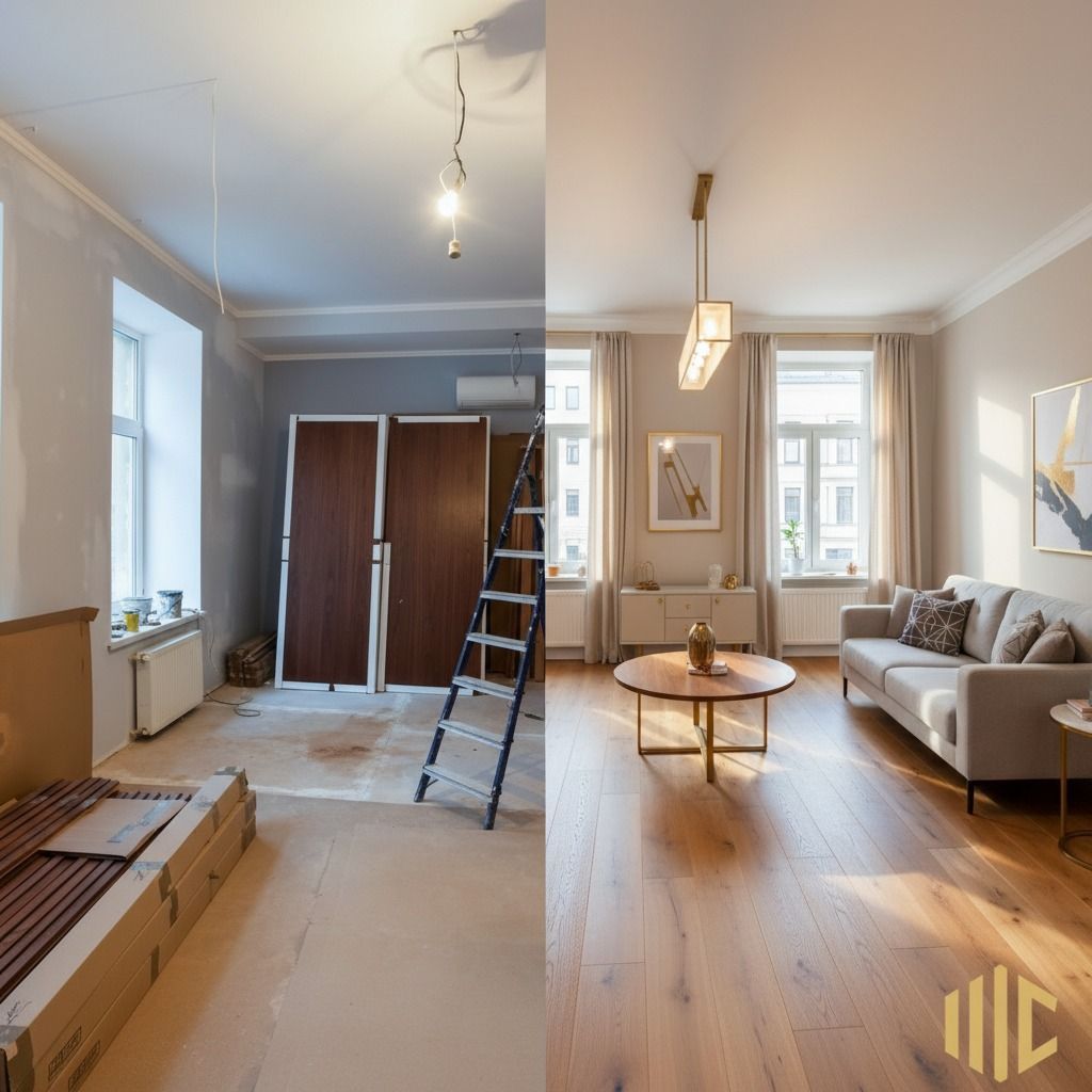Bright living room with gray sofa, coffee table, ladder, and large windows; renovation in progress