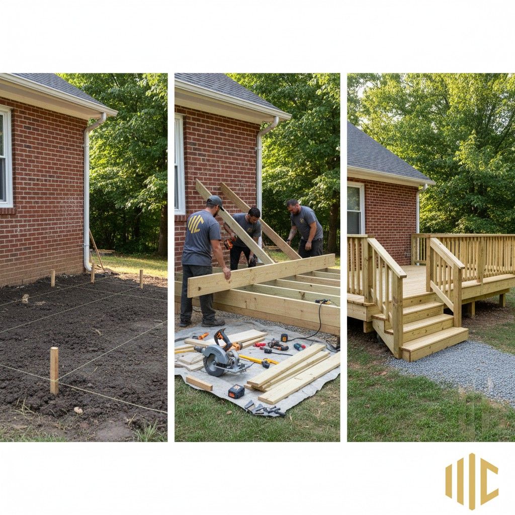 Three-panel collage of workers building a wooden deck beside a brick house in a leafy yard