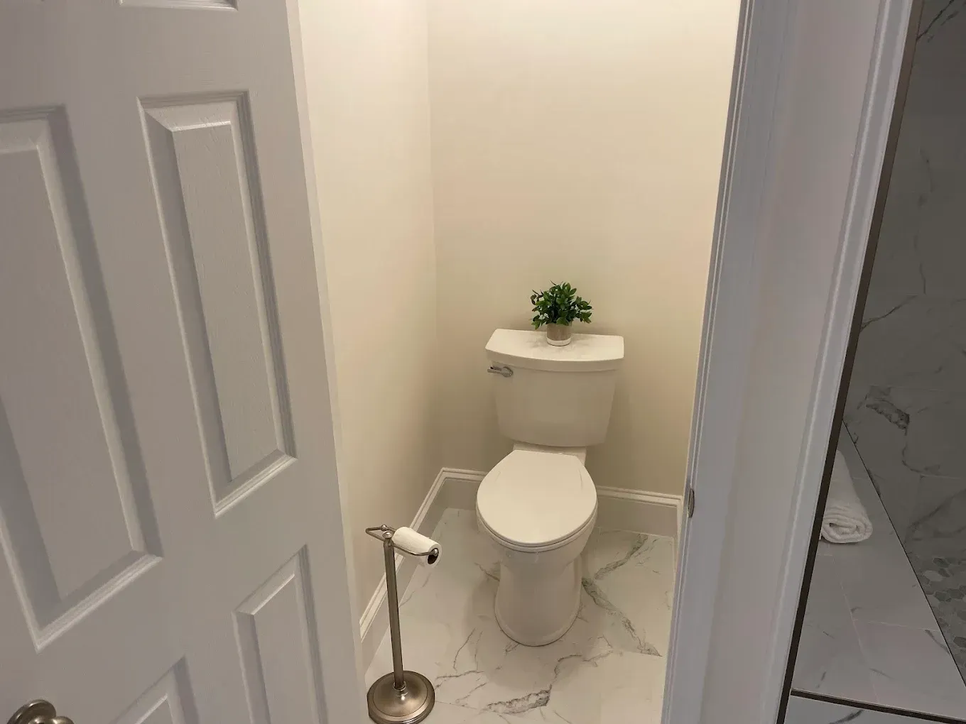 Small bathroom with an open door, white toilet, and a plant on the tank.