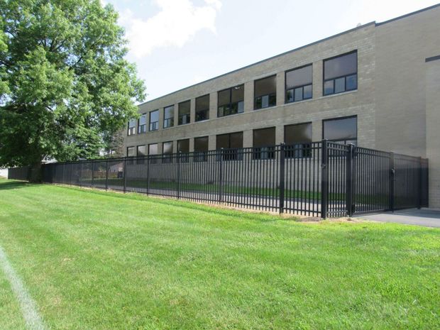 School building behind a black fence on a grassy lawn with a tree.