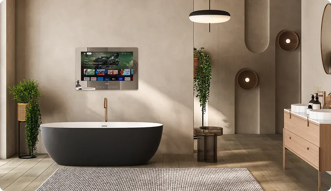 A bathroom with a bathtub and a mirror television on the wall.