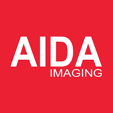 The logo for aida imaging is on a red background.