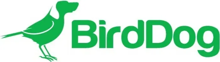 A green bird is standing next to the word birddog.
