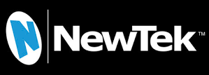 The newtek logo is white and blue on a black background.