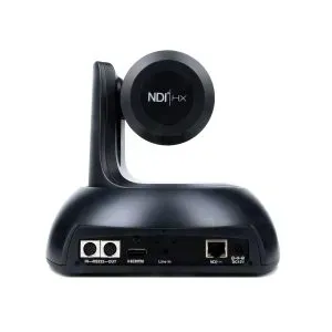 A black camera is sitting on top of a white surface.