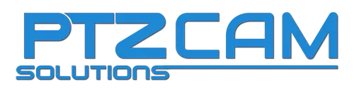A blue and white logo for ptzcam solutions