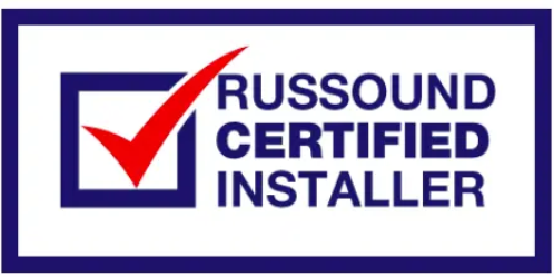 A logo for a russound certified installer with a check mark.