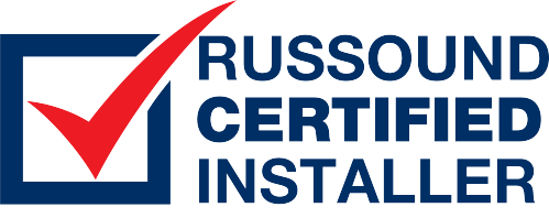A logo for a russound certified installer with a check mark.
