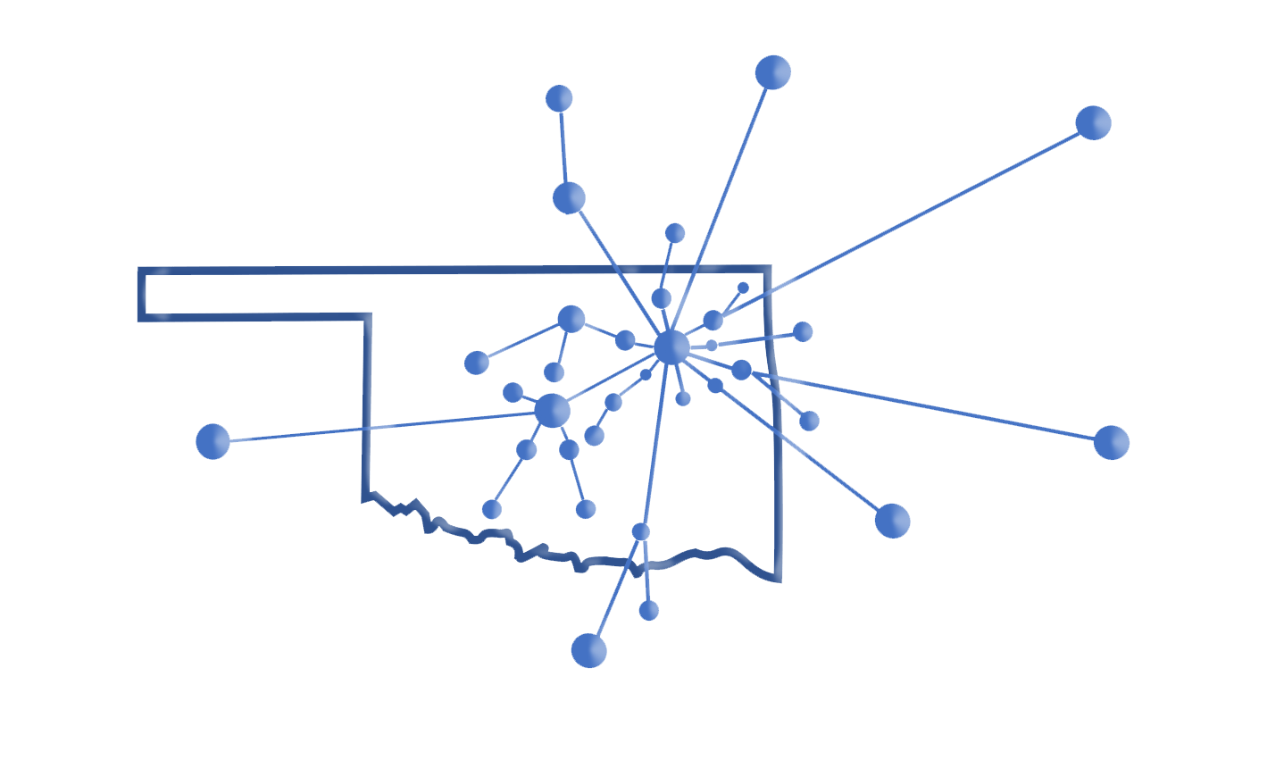 A drawing of a map of oklahoma with lines and dots coming out of it.