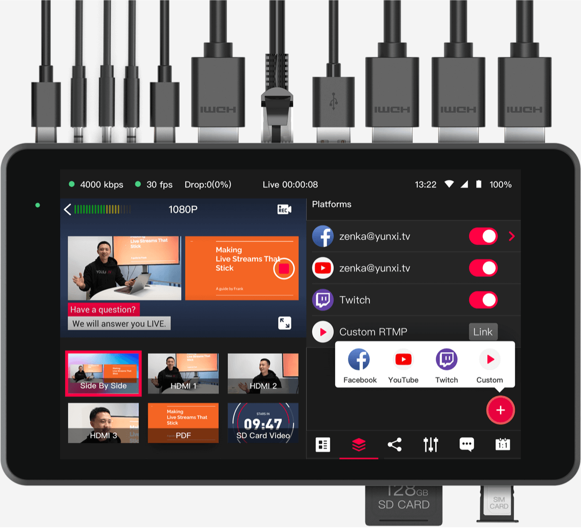A tablet with a bunch of cables attached to it.