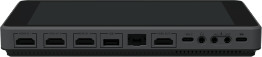A black device with a screen and a bunch of ports