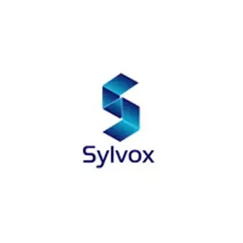 A logo for sylvox with a blue s on a white background