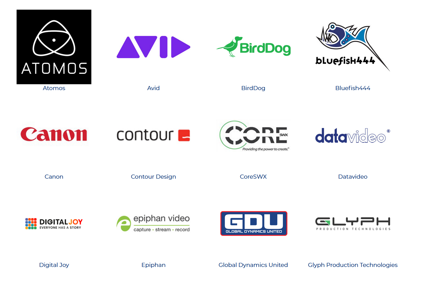 A bunch of logos on a white background including canon contour and avid