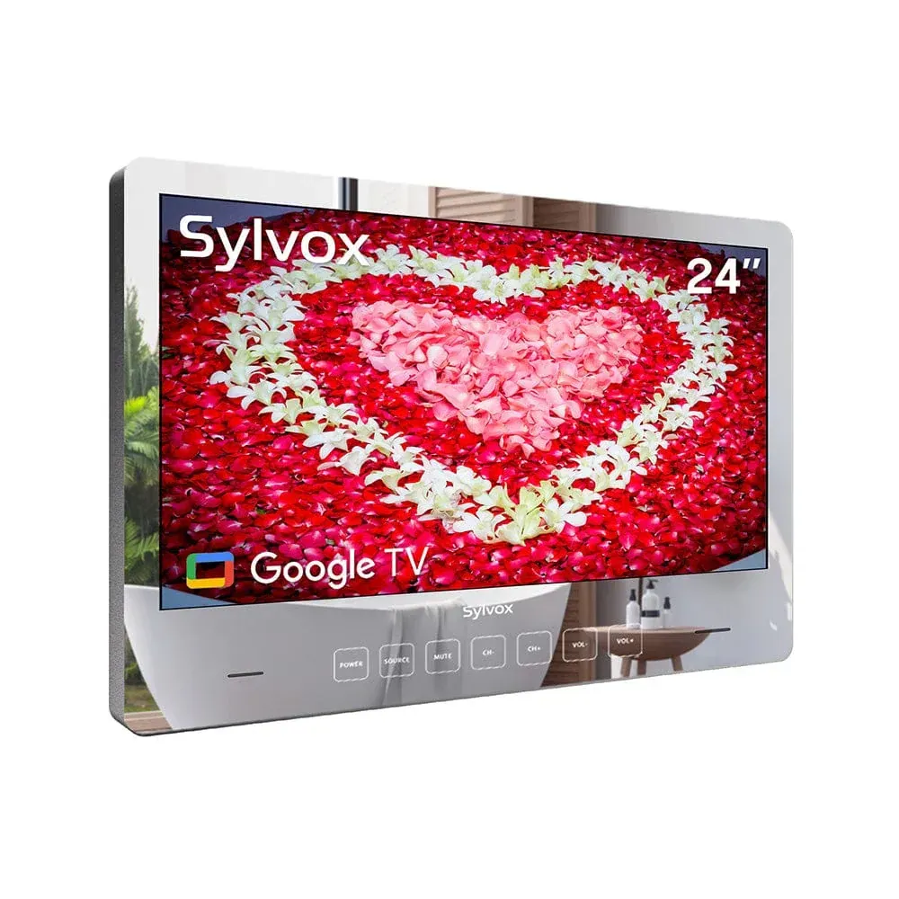 A sylvox mirror tv with a heart made of flowers on the screen