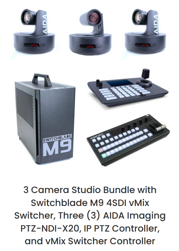 A picture of a camera studio bundle with switchblade m9 4sdi vmix switcher
