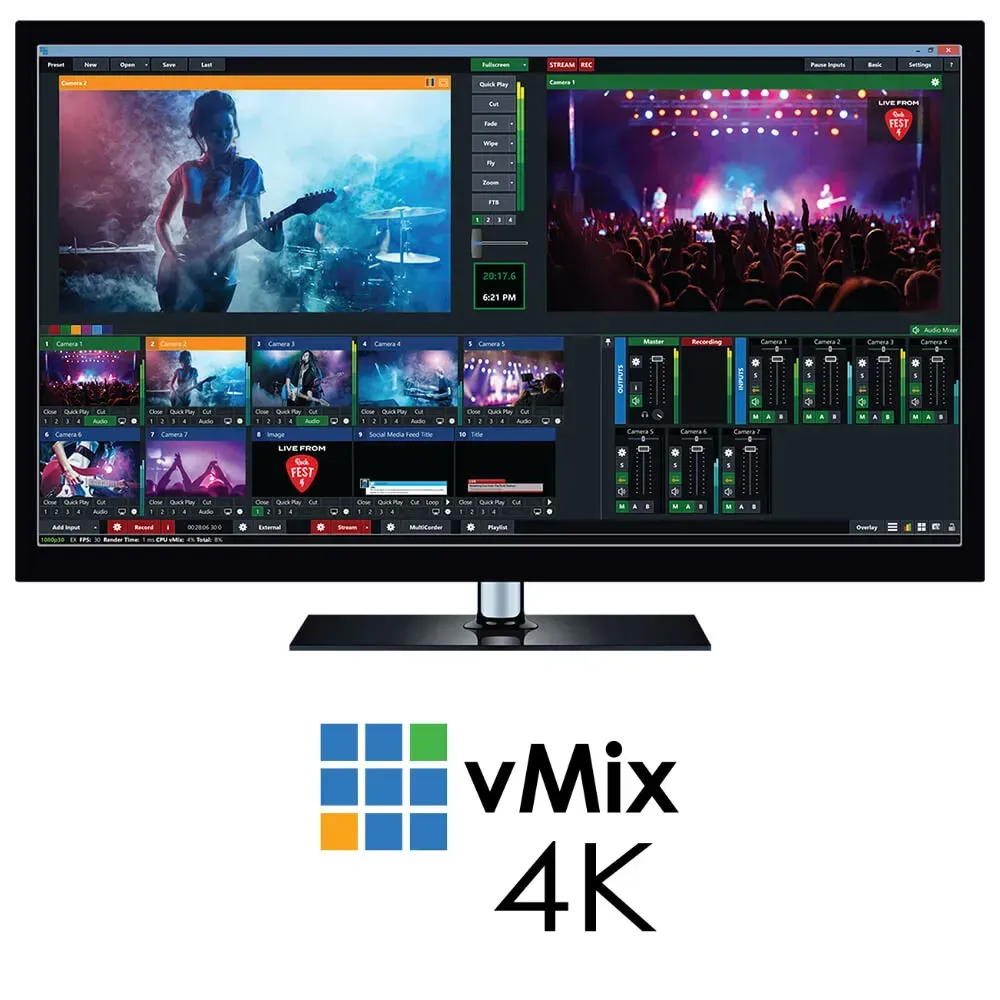 A computer monitor with vmix 4k written on it