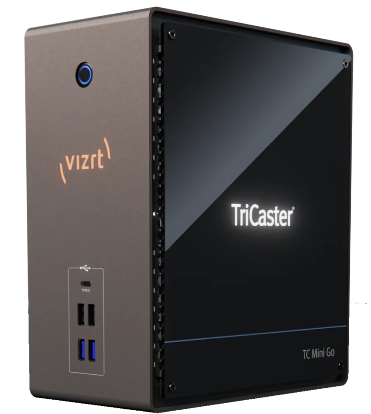 A tricaster box is sitting on a white surface