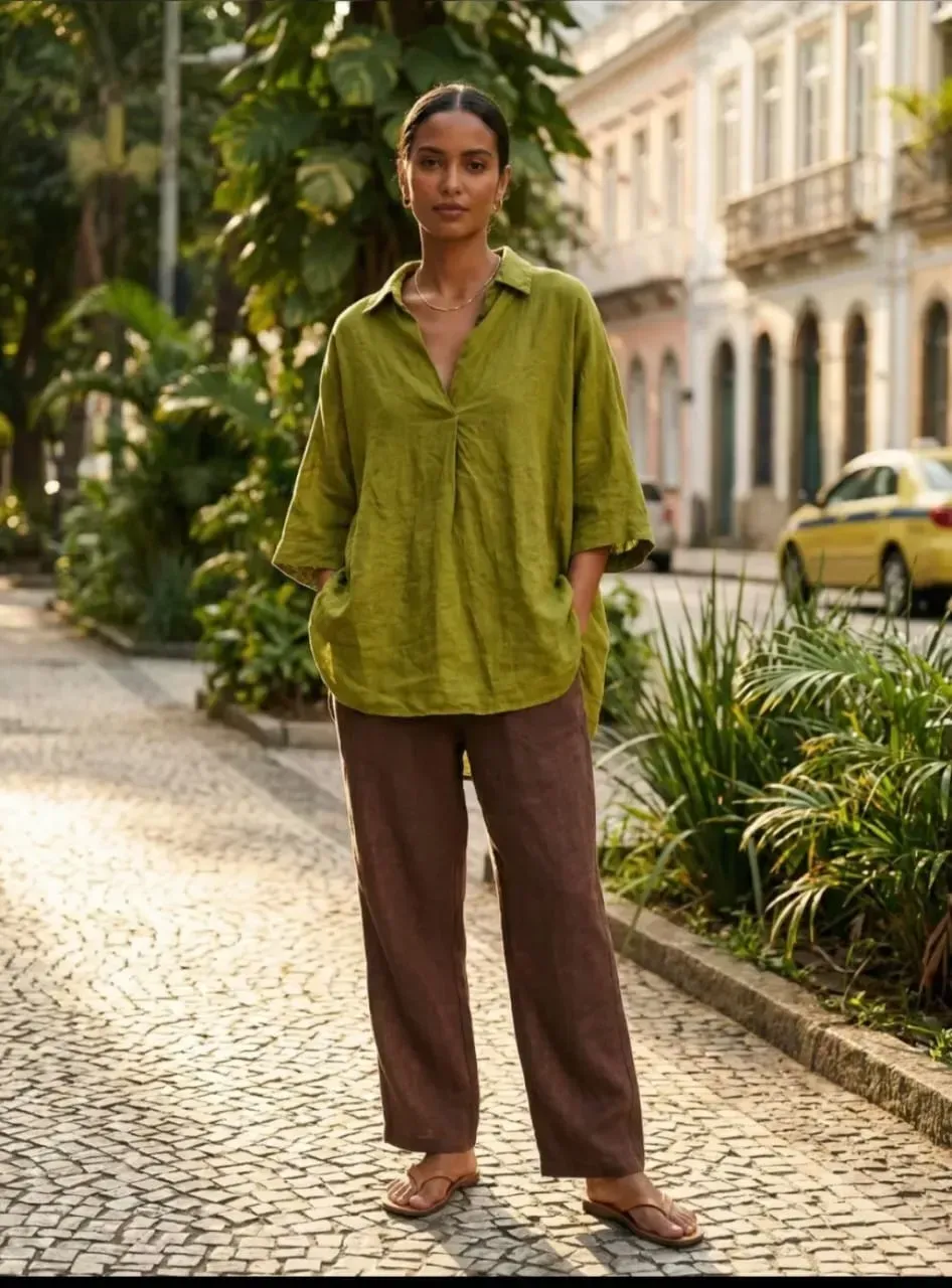Une personne se tient debout dans une rue pavée, vêtue d'une chemise verte et d'un pantalon marron.