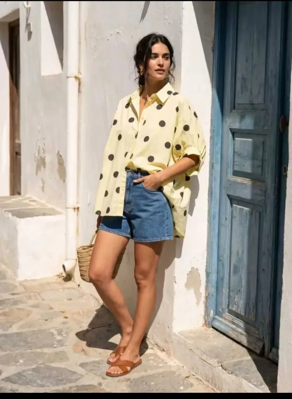 Une personne dans une ruelle ensoleillée, portant une chemise crème à motifs, un short en jean et des sandales.