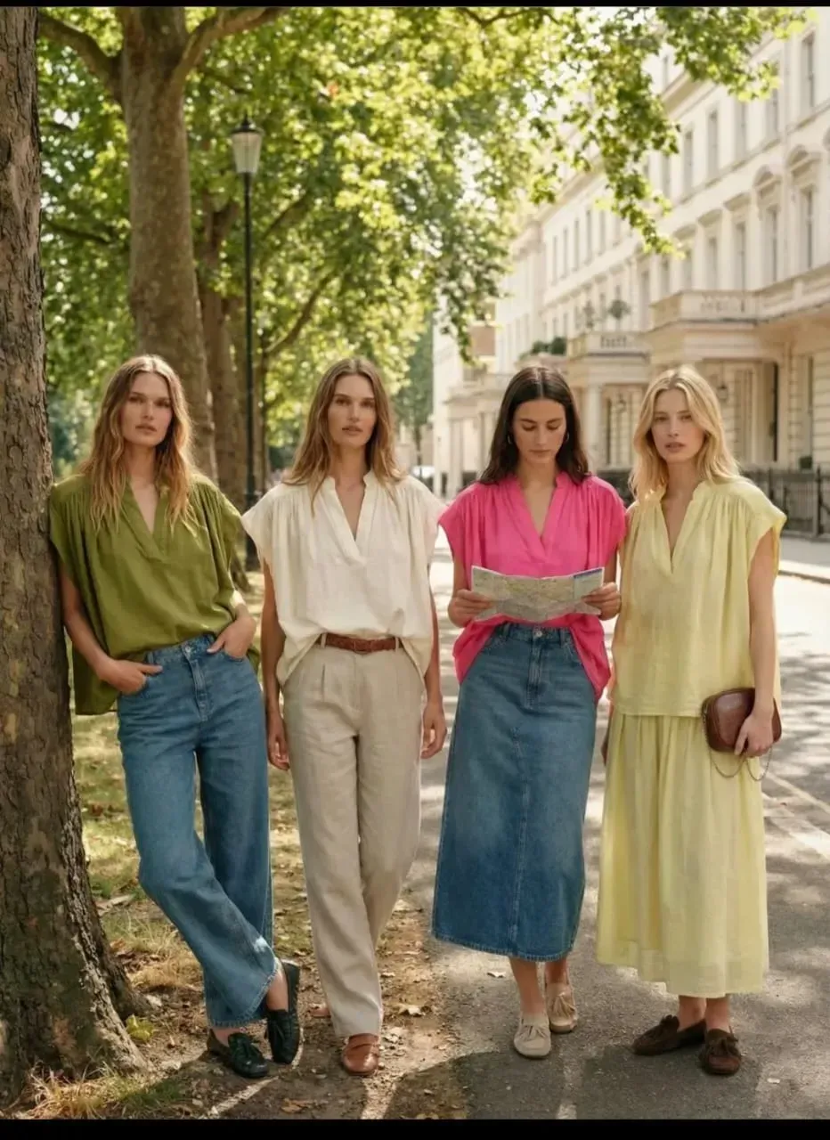 Quatre femmes vêtues de tenues colorées marchent dans une rue bordée d'arbres.