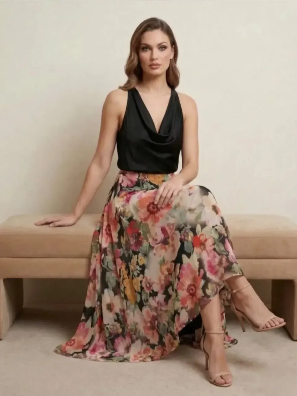 Femme assise sur un banc beige, vêtue d'un haut noir et d'une jupe à fleurs, sur fond neutre.