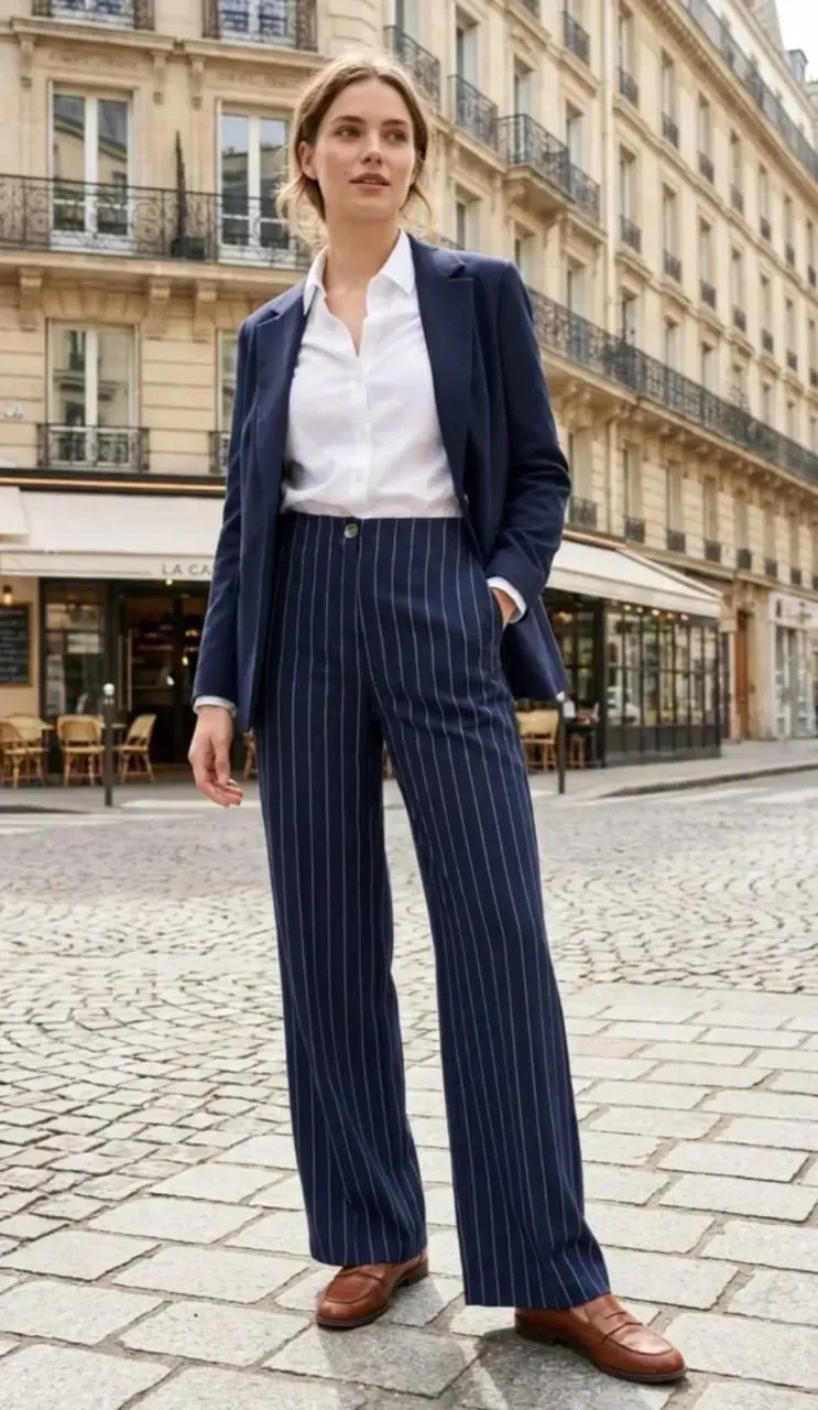 Une personne en costume bleu marine à fines rayures se tient debout dans une rue pavée bordée d'immeubles de style parisien.