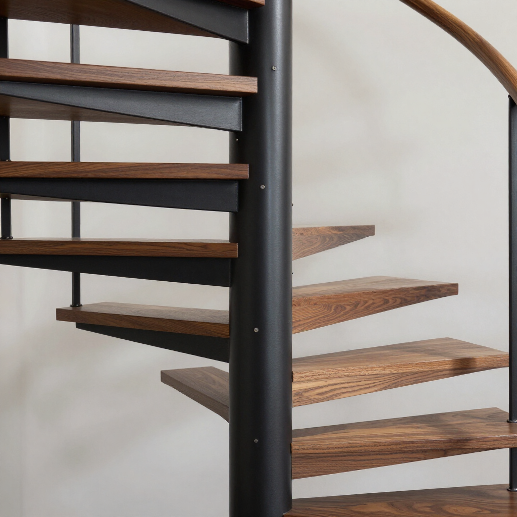 Curved wooden staircase with black metal railing against a white wall