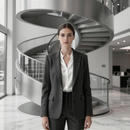 Woman in a gray suit standing in a modern lobby before a spiral staircase