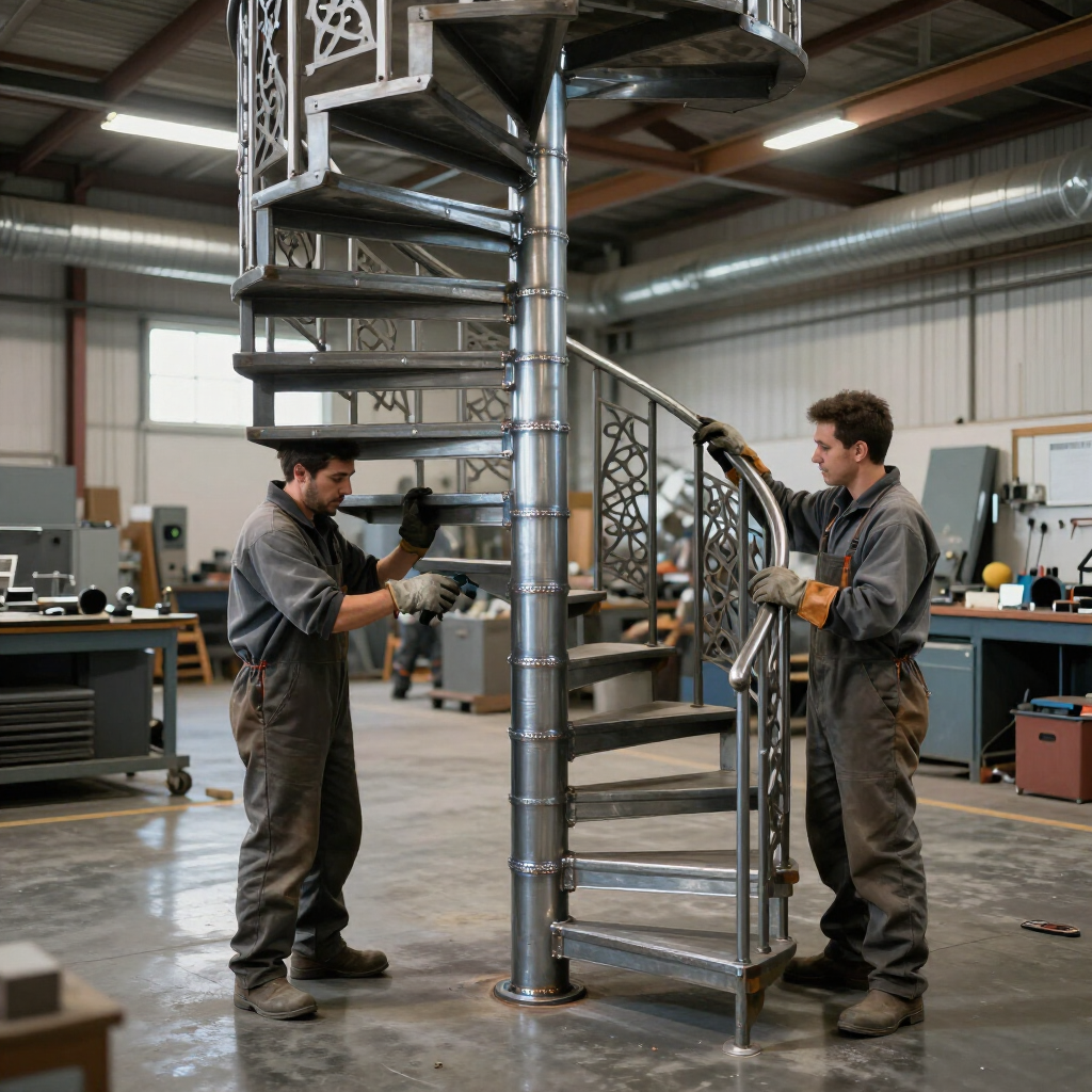 Two workers assembling a metal spiral staircase in a workshop