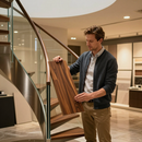 Man holding a striped wood sample in a modern home interior with staircase and kitchen