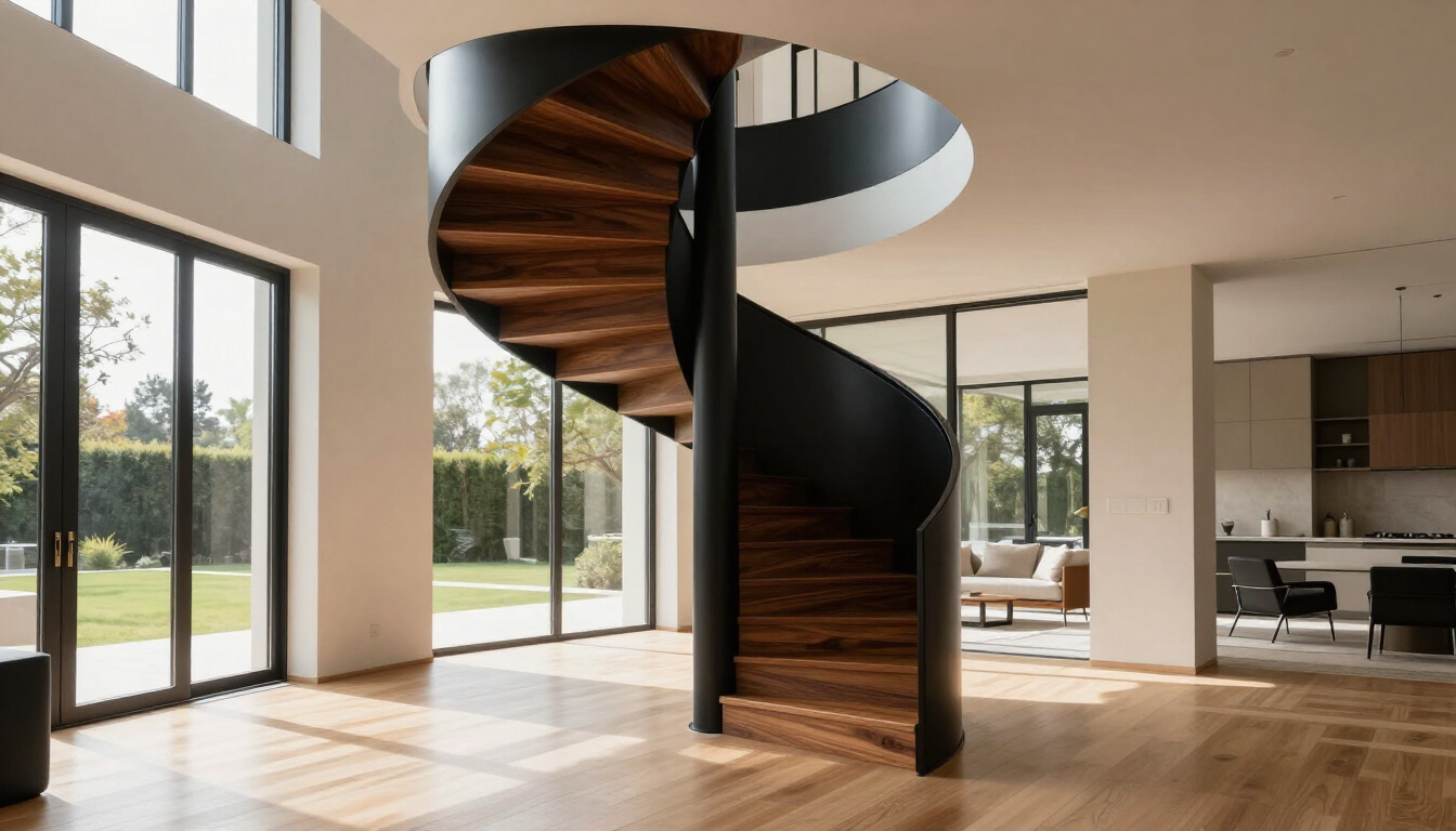 A beautiful custom wood and steel spiral staircase in a modern home.