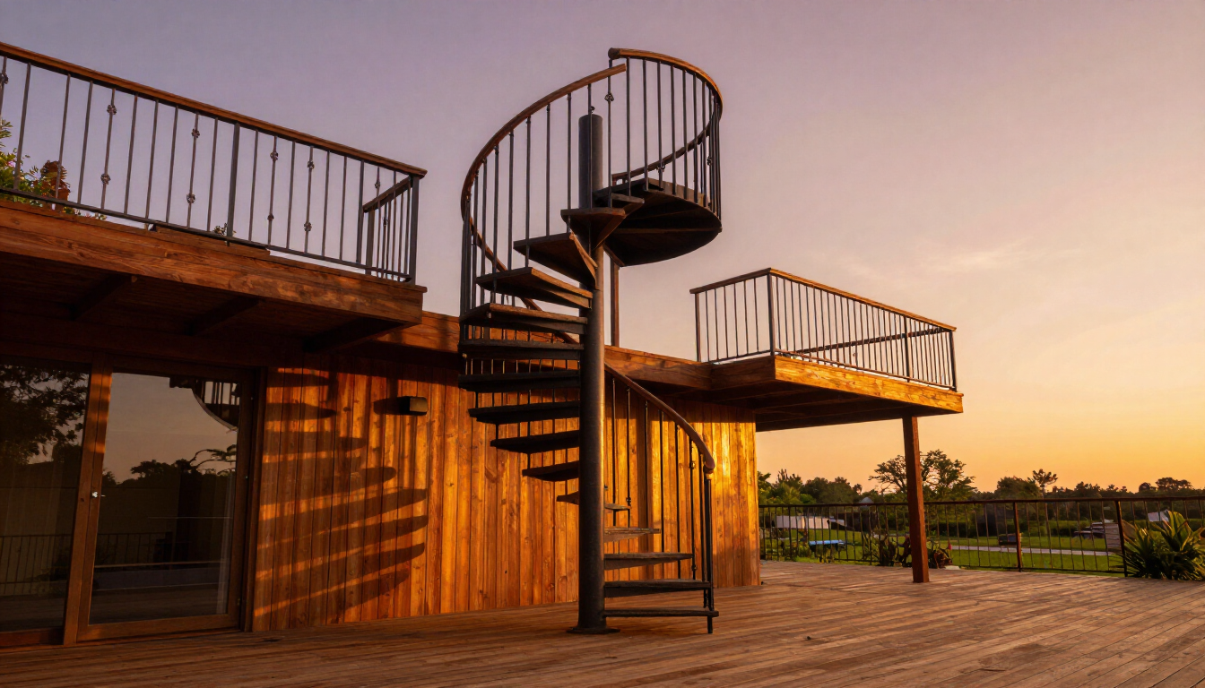 Exterior spiral staircase on deck