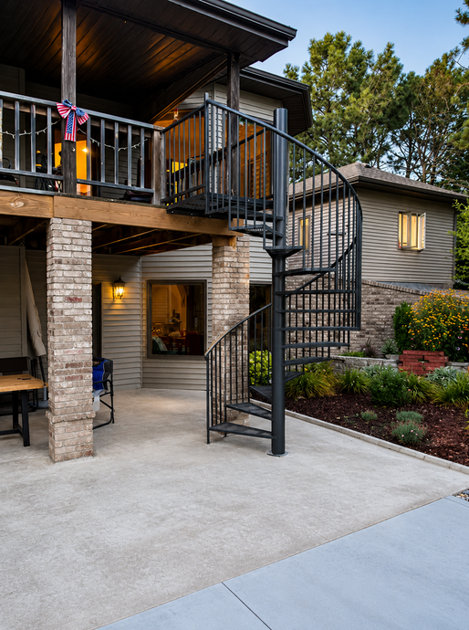 Exterior of a two-story house with balcony, spiral staircase, and stone columns at the entrance