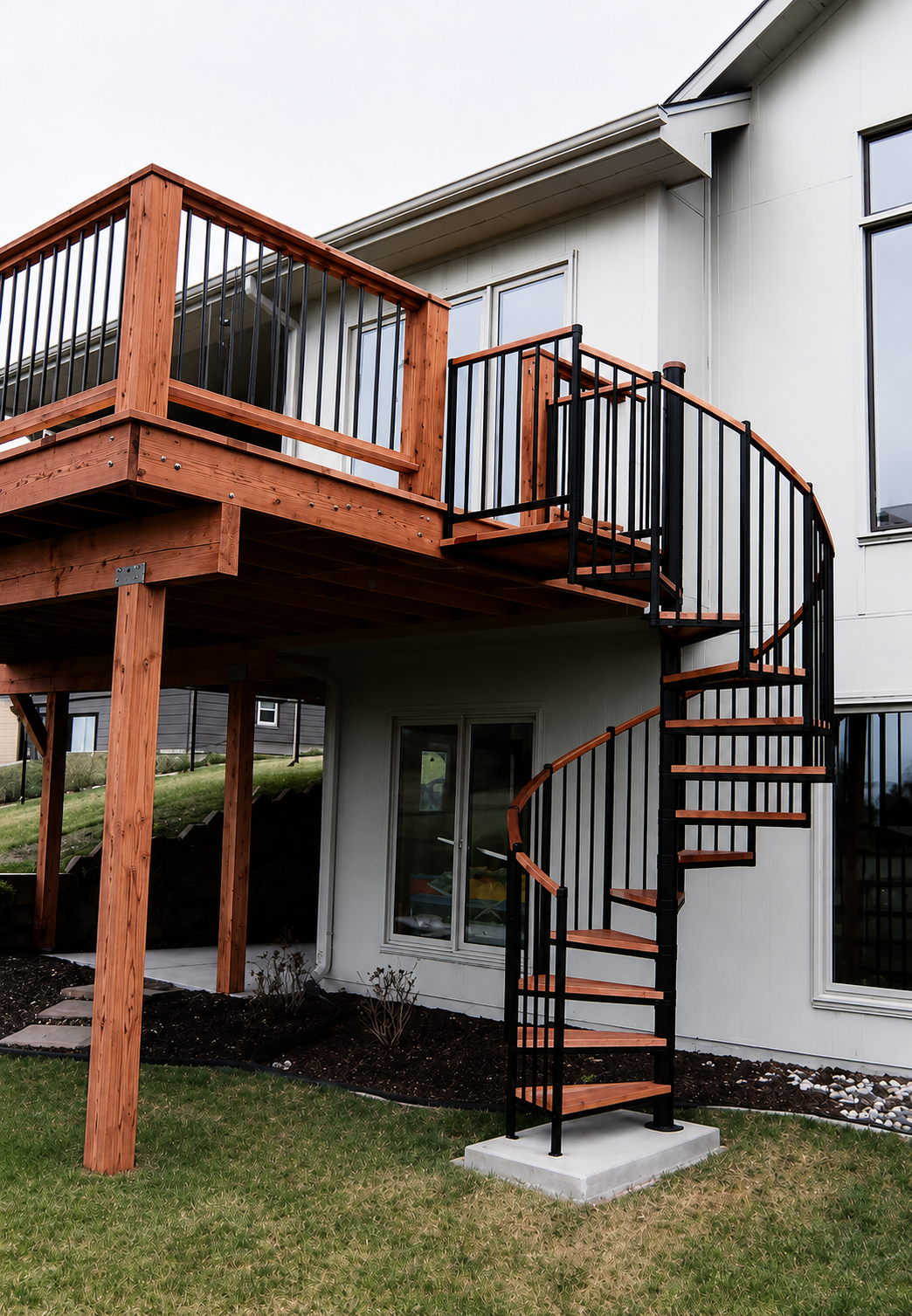 Exterior staircase and wooden deck attached to a white house, with a small patio below.