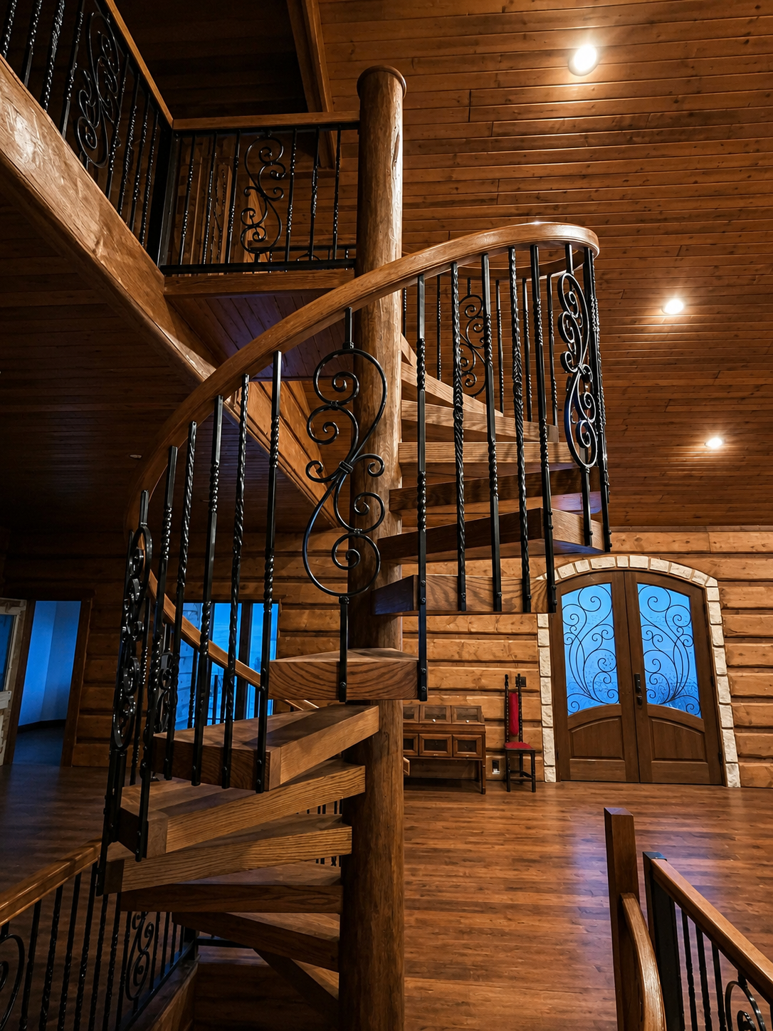 Curved wooden staircase in a warm log cabin interior with blue-tinted windows and wood-paneled walls