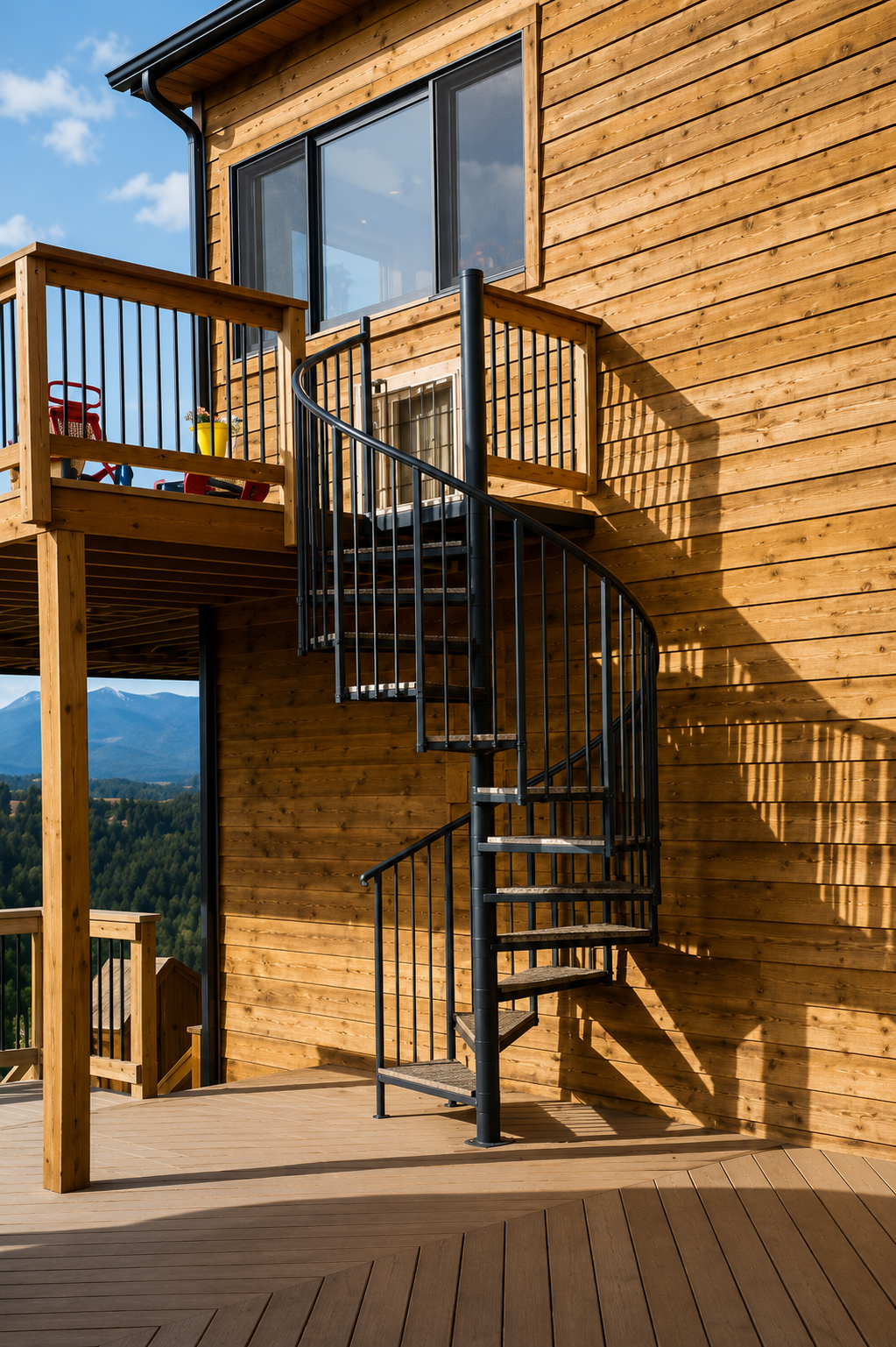 Wooden deck with exterior spiral staircase beside a modern timber house and large windows