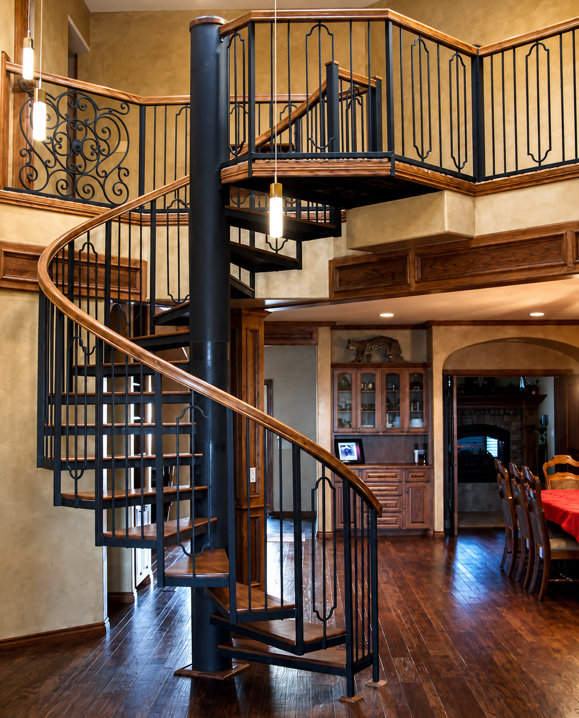 Spiral staircase in a warm-toned home interior with wood floors and a loft balcony