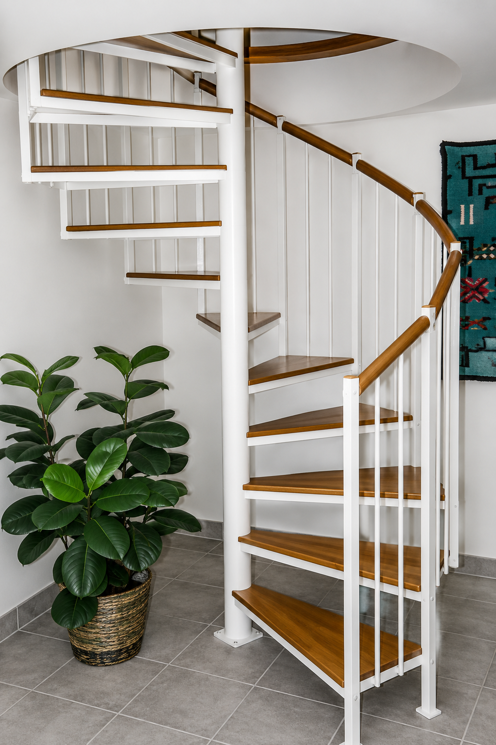 Curved indoor spiral staircase with wooden steps, white railing, and a potted plant beside it.