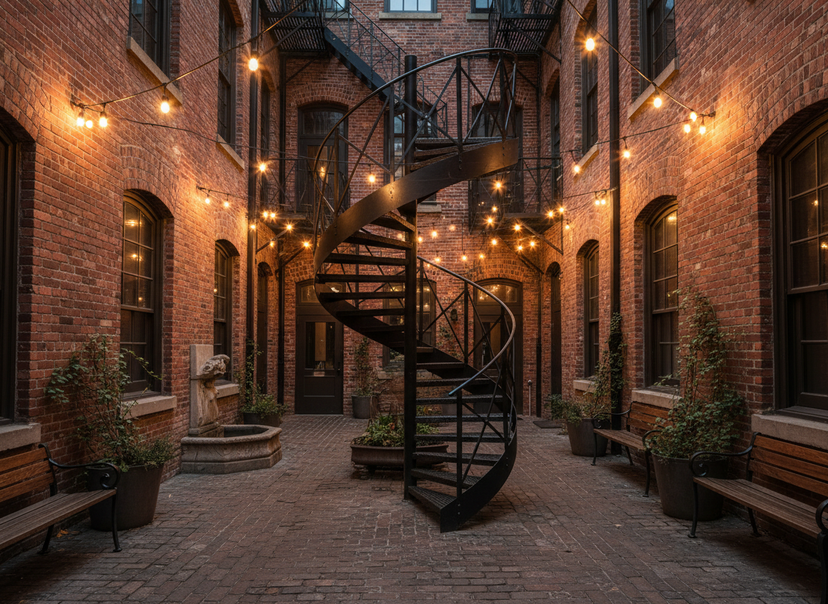 Brick courtyard alley with a black spiral staircase and warm string lights at dusk