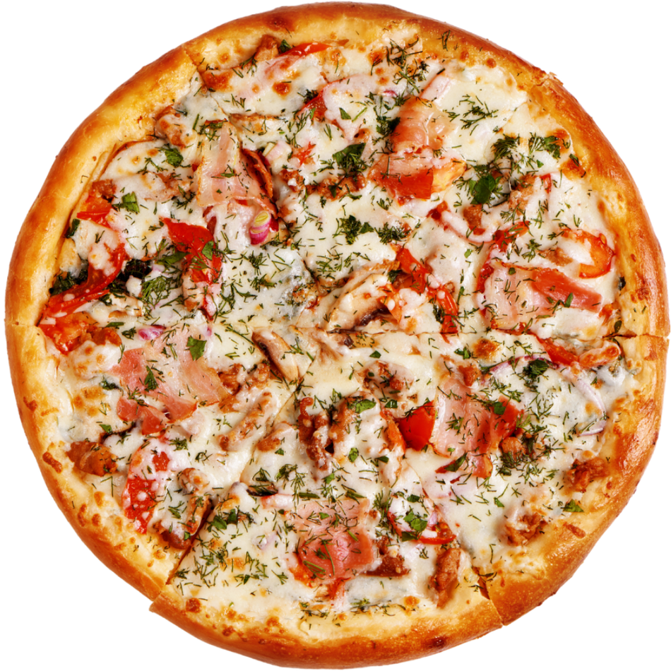 A pizza with tomatoes and cheese on a white background