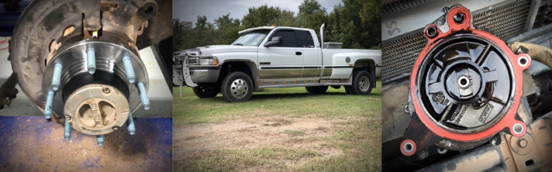 A three-part image showing a truck's wheel hub, a white dually pickup truck, and a mechanical pump component.