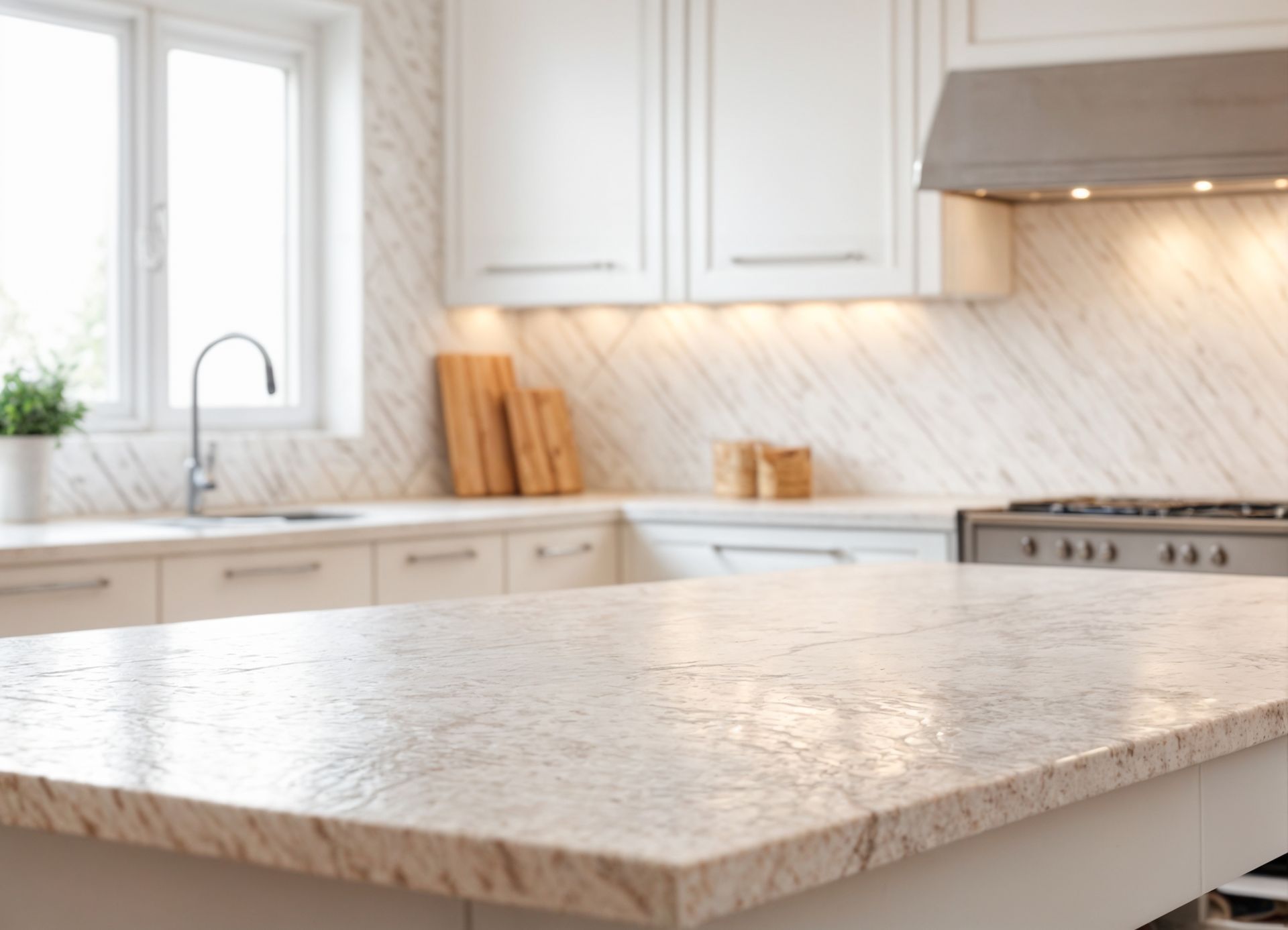 A kitchen with white cabinets and a granite counter top