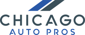 the logo for chicago auto pros has a blue stripe on it .