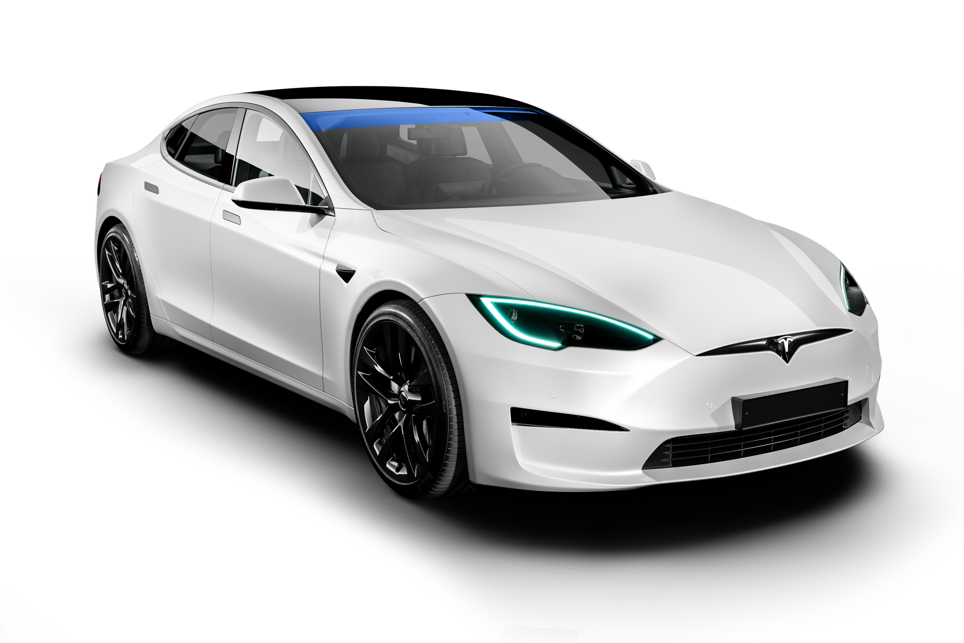 A white tesla model s with a blue roof on a white background.