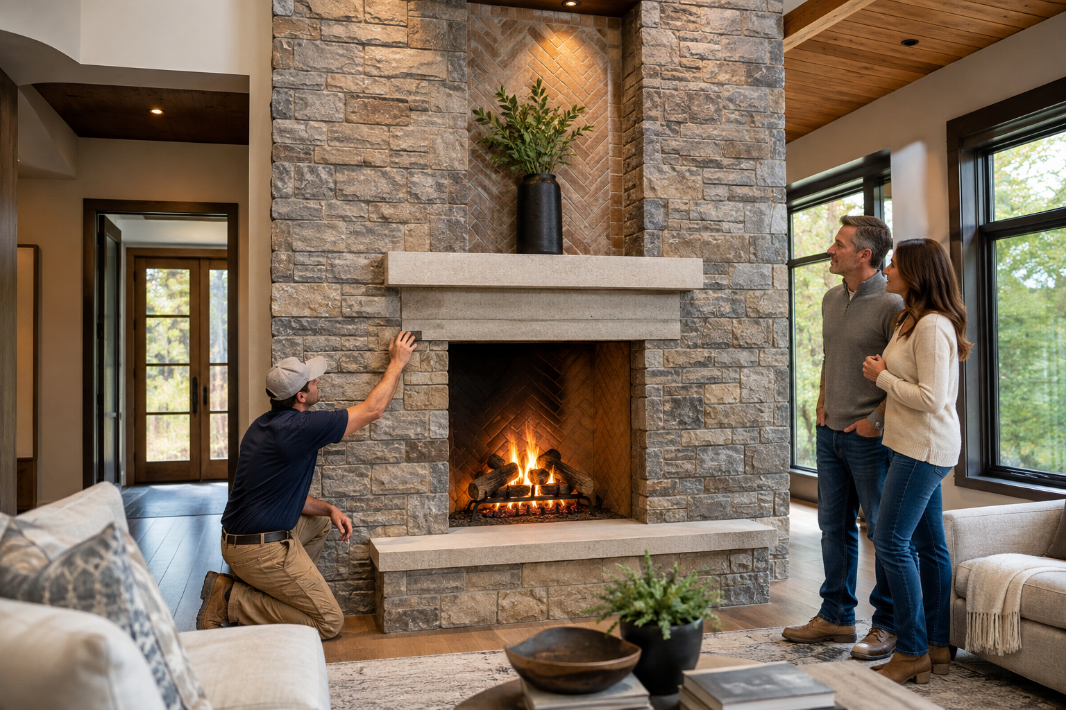 Custom masonry fireplace with handcrafted stonework in a modern residential living room.