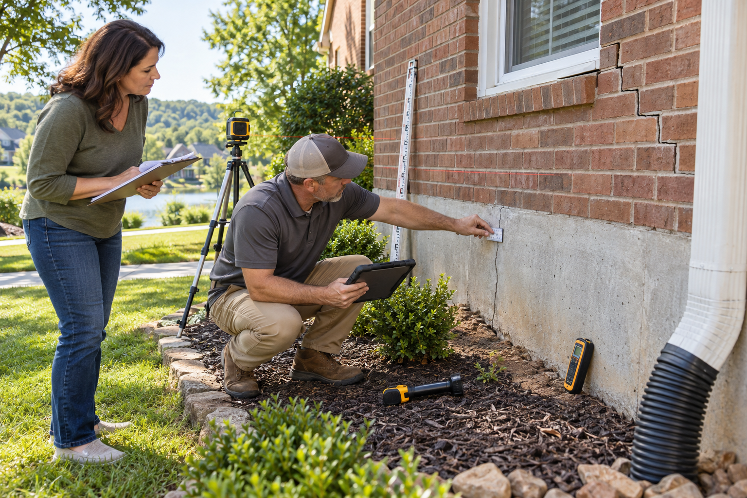 Foundation inspector checking cracks