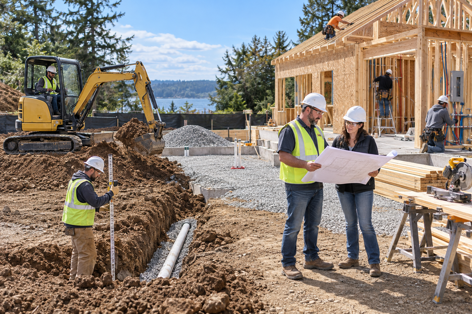 Comparison of an excavating company and general contractor working on different stages of a construction project.