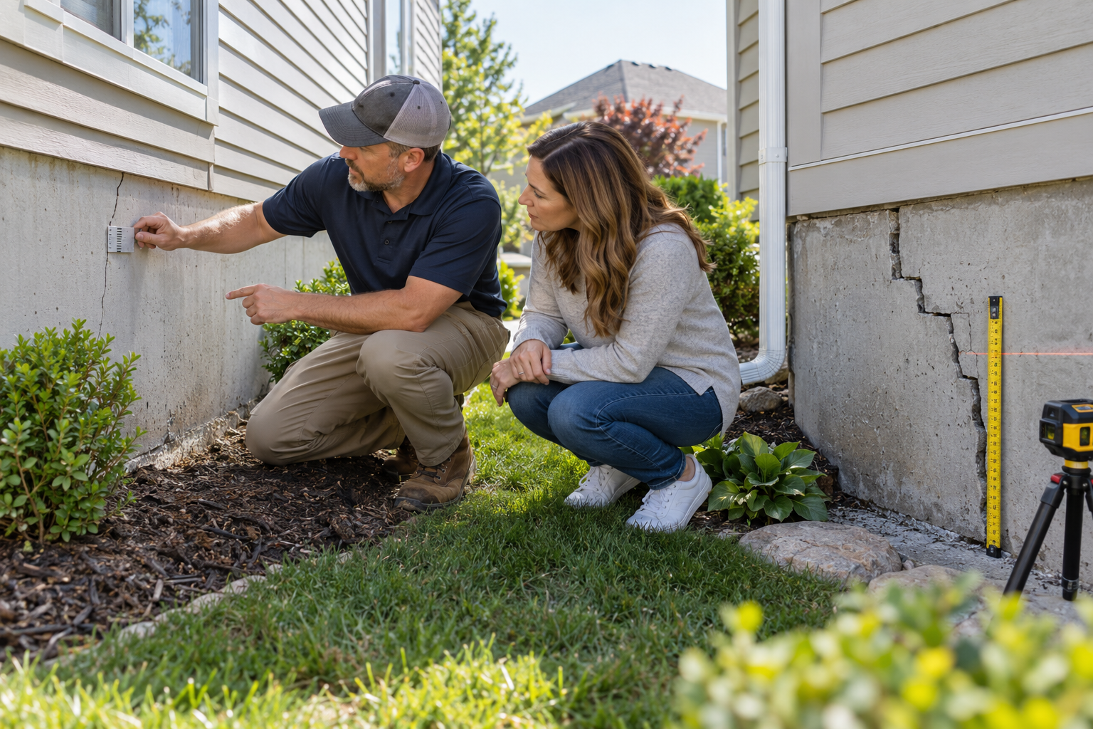 Foundation contractor comparing signs of foundation settlement and foundation failure at a home.