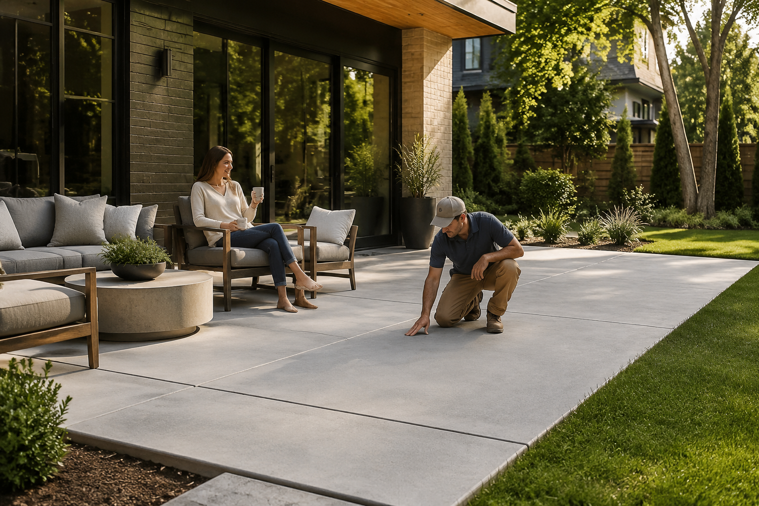 Durable concrete patio at a Nashville home with a contractor inspecting the finished surface.